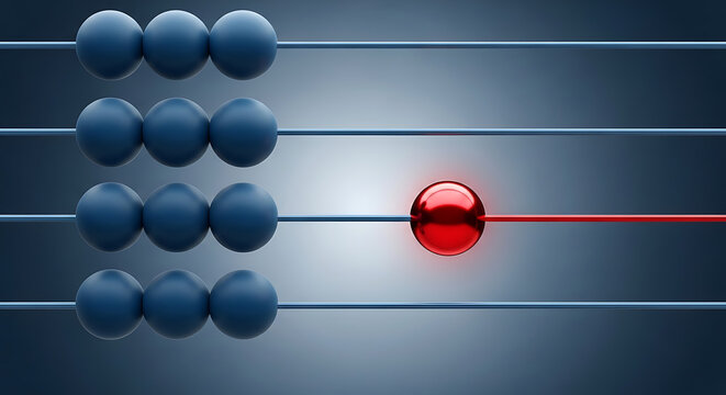 Abacus with one unique red bead standing out from blue beads as a metaphor for differentiation difference leadership business standing strategy individual selection innovation decision