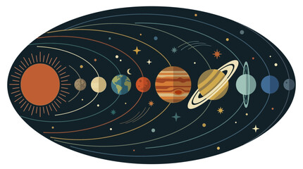 A stylized illustration of the solar system featuring the Sun and all eight planets in orbit. © Labib_Haqqun