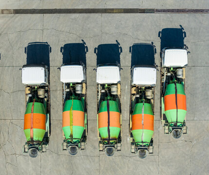 Aerial View of Concrete Mixer Truck Fleet Pattern