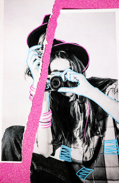 Analog collage woman with camera