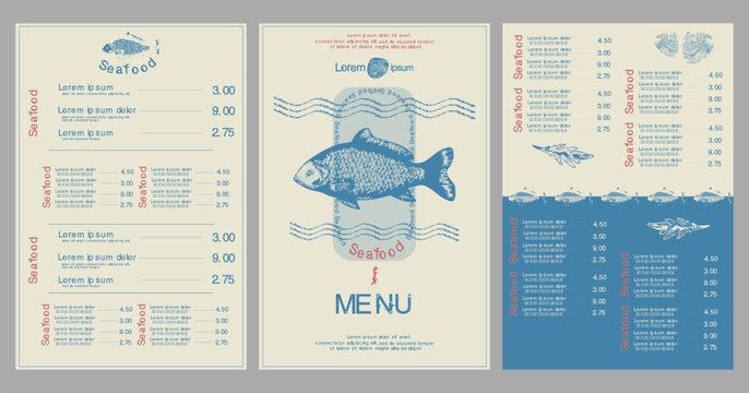 Seafood restaurant menu template with fish illustration, nautical wave patterns, and minimalist layout. Vector ocean sea fish restaurant card background front and back sheet design