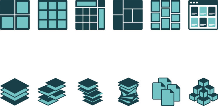 Web Dashboard Grid Layout and Isometric Data Layer Icon Set for UI UX Interface Graphic Designs