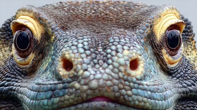Extreme close-up of reptile face, revealing scales, eyes, nostrils, and skin textures
