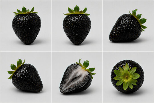 Glossy black strawberry shown from multiple angles, including whole fruit, side view, top view, and sliced half, arranged in a clean 2x3 grid on gray background.