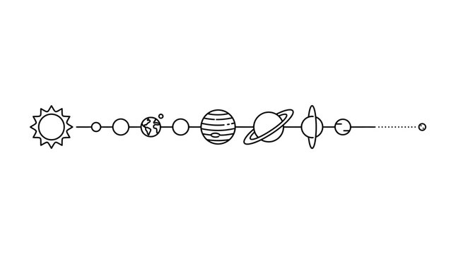 A minimalist line art illustration of the solar system featuring the Sun and planets in a row.