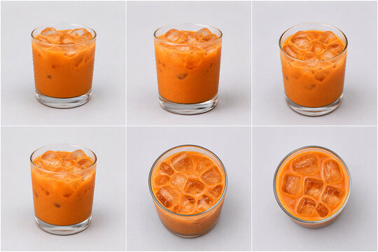 Iced Thai tea served in a glass with ice cubes, shown from multiple angles including front and top view in a clean 2x3 grid on gray background.