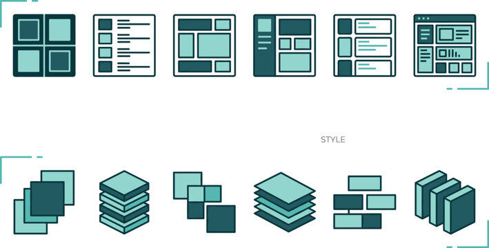 Website UI Grid Layout and Isometric Data Architecture Layer Icon Set for Dashboard Content Structure Designs