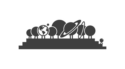 A stylized silhouette illustration of the solar system planets standing on a tiered platform. © Labib_Haqqun