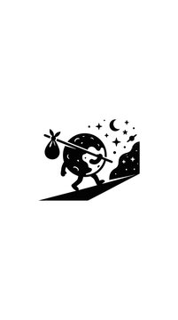 A stylized illustration of the planet Earth walking away as a traveler with a bindle.