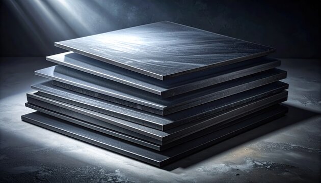 A stack of dark graphite sheets showcasing layered structure and metallic sheen in moody lighting
