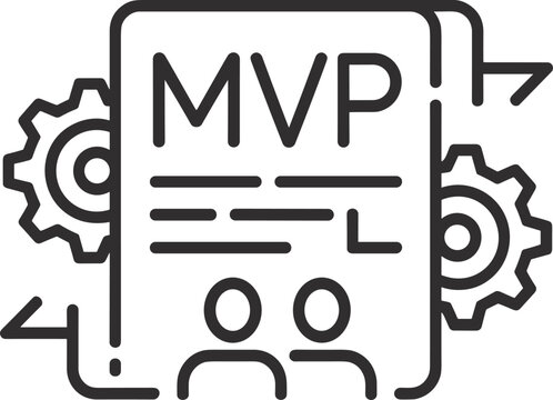 MVP concept icon with gears, document, and people icons on a white background Keywords: MVP icon, minimum viable product icon, product