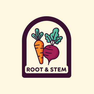 Root and Stem organic farm logo with carrot and beet.