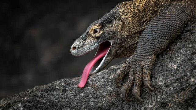 Close-up of a lizard's head and clawed arm resting on a textured rock, dark background
