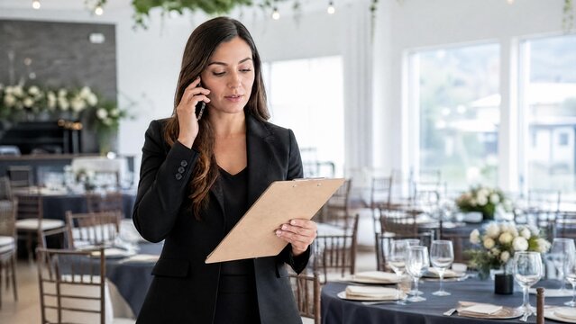 Professional Female Event Planner Talking on Phone and Checking Clipboard in Venue