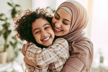 Fototapeta premium Heartwarming Embrace Between Muslim Mother and Daughter