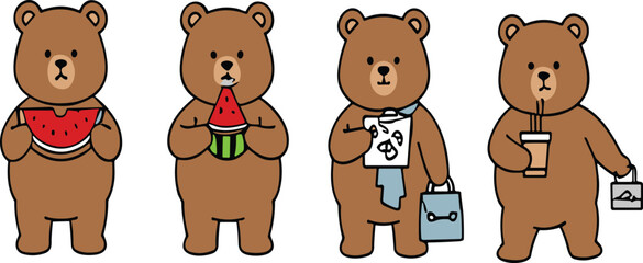 Fototapeta premium Cute Kawaii Bear Character Collection Holding Watermelon Coffee and Shopping Bag Adorable Cartoon Animal Lifestyle Vector Set