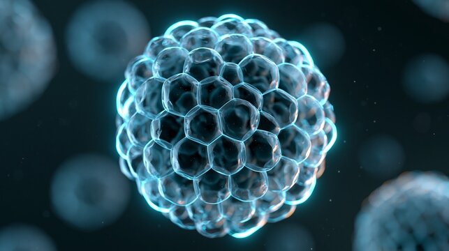 Focused medium shot of a 3D medical illustration showing a translucent nanoscale vesicle with vibrant cyan rim light and soft bokeh effect on a dark biotechthemed backdrop