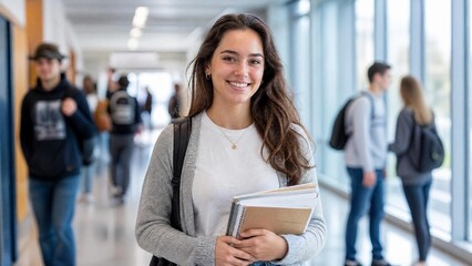 Obraz premium Happy Female University Student Holding Notebooks in Campus Hallway