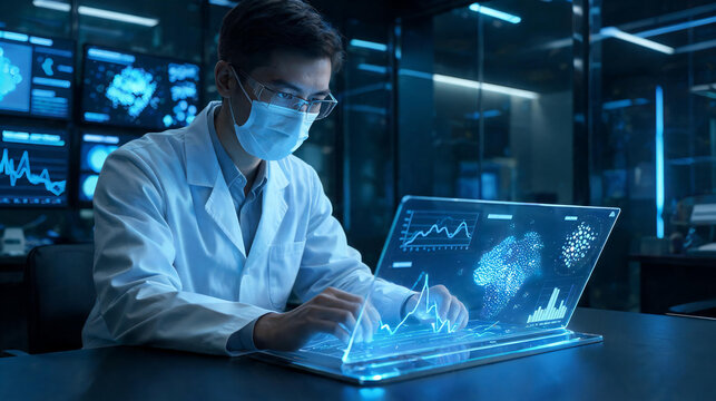 Professional Epidemiologist Scientist Analyzing Viral Samples in a High-Tech Medical Research Laboratory Environment, Focused Healthcare Specialist Conducting Vaccine Development and Pathogen Study.