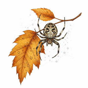 Orb weaver spider on autumn oak leaf, macro nature and forest insect concept