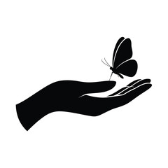 Butterfly Resting On A Hand Black Silhouette Against White Background © jasminartist