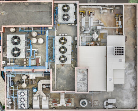 Aerial View of Commercial Rooftop HVAC and Cooling Systems