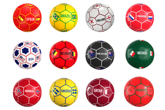 World Cup football soccer balls set with country flags and names on transparent background