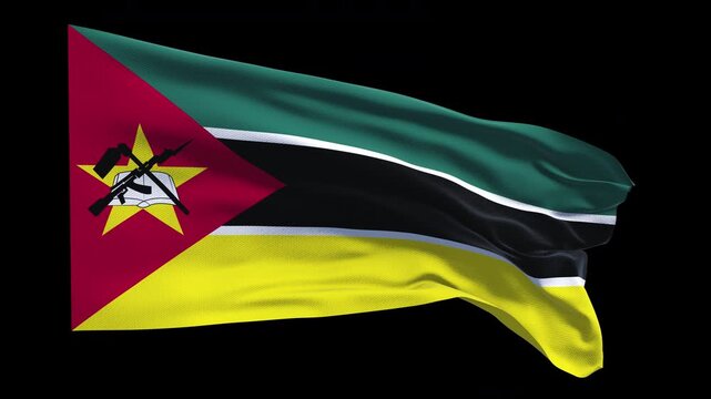 Realistic animation of the Mozambique flag waving in the wind, ideal for news, travel, politics, diplomacy, cultural content, national holidays, educational projects, presentations, and web banners.