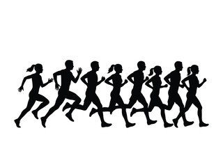 Fototapeta premium group of runners in motion silhouette black white background athletes race fitness exercise marathon people activity sport competition dynamic energy teamwork endurance