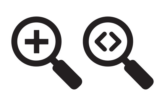 Magnifier icons with plus and code signs for zoom in and source code search functionality in apps.
