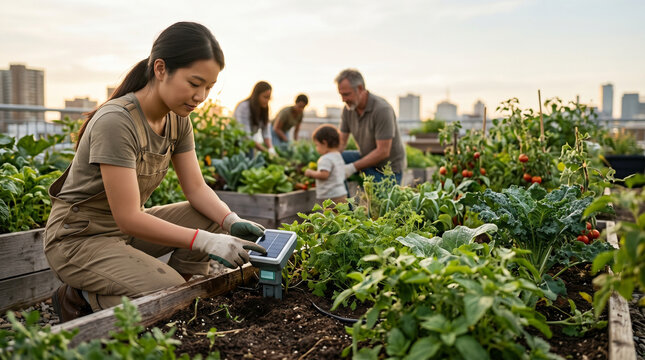 Young Asian Woman Checking Solar Sensor in Rooftop Urban Garden with Multigenerational Community