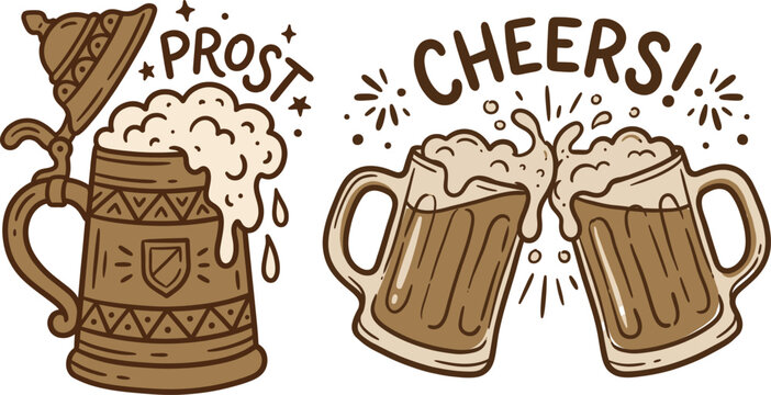 Hand Drawn Vintage Beer Mugs Clinking Cheers and Stein with Prost Hat, Retro Engraving Etching Style Oktoberfest Toast Celebration Art Vector Illustration