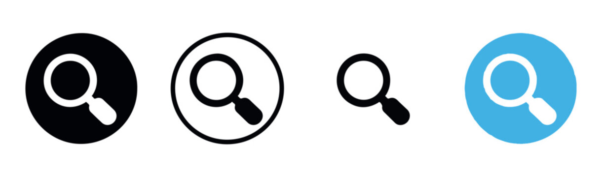 Magnifying glass icon variations showing solid circle outline and blue background button designs.