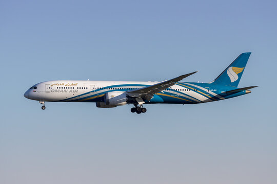 Oman Air Boeing 787-9 Dreamliner airplane at Frankfurt airport in Germany