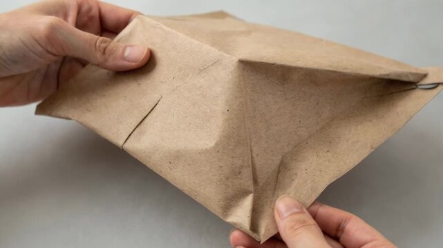 Closeup on squarebase paper pouch folding process showcasing solid unprinted natural kraft paper for ecofriendly and minimalist packaging designs