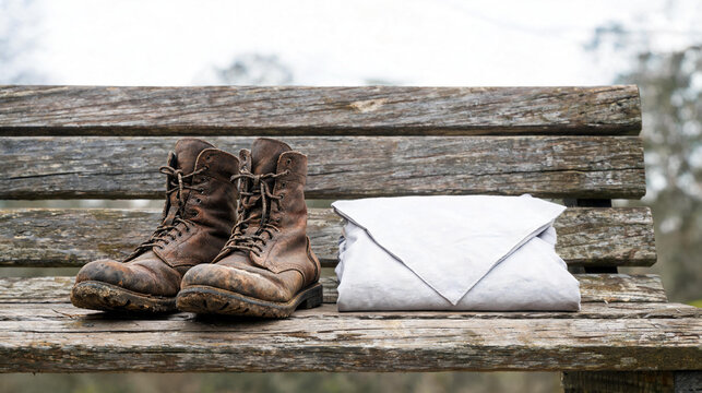 Pair of worn and rugged old military combat boots placed next to a vintage army backpack on a dusty ground, symbolizing the journey, sacrifice, and history of a soldier in the line of duty.