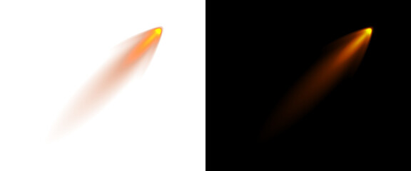 Glowing fire trail effect on black and white backgrounds, orange comet light streak, realistic rocket exhaust flame and meteor spark © RafatJahan