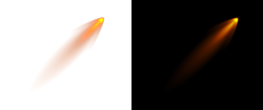 Glowing fire trail effect on black and white backgrounds, orange comet light streak, realistic rocket exhaust flame and meteor spark