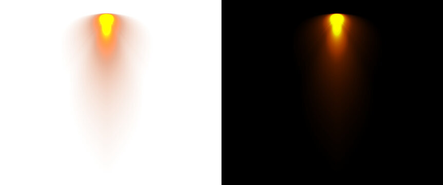 Realistic rocket fire plume and engine exhaust flame, glowing orange jet propulsion trail, aerospace combustion effect on black and white background