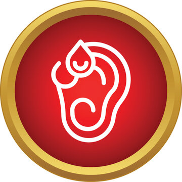 Human ear with blood drop icon on a red button, representing health issues or otology