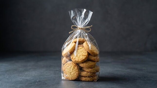Delicious homemade shortbread cookies in a clear cellophane bag, tied with natural twine, against a dark backdrop
