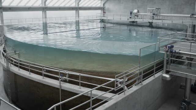 Medium shot of a clarified wastewater treatment basin showcasing settled water layers and clear effluents being processed for neutralization in a modern facility