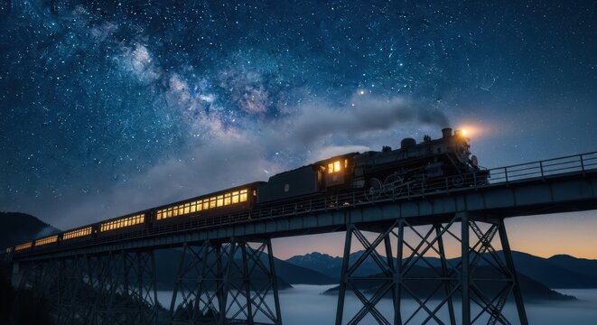 A vintage steam train crosses a bridge under a starry night sky