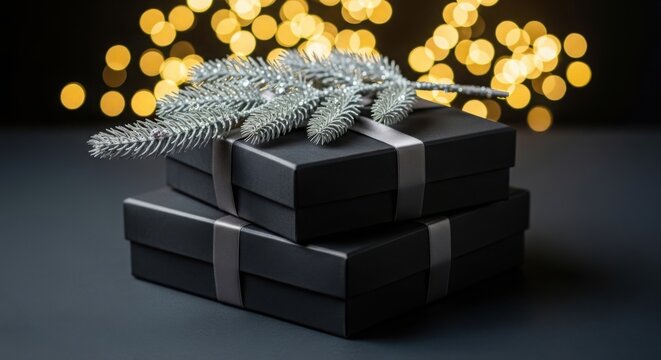 Two elegant black gift boxes stacked and decorated with a silver pine branch against a festive blurred golden bokeh background for holidays