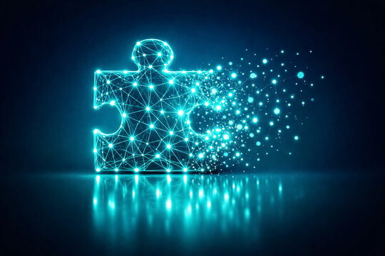 Puzzle piece features a bright blue glowing network structure that is slowly dissolving into a spray of floating particles to illustrate complex problem solving and creative strategy in digital.
