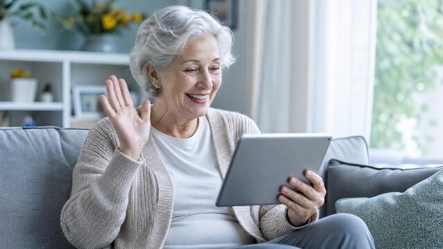 Happy Senior Woman Having Video Call on Tablet at Home