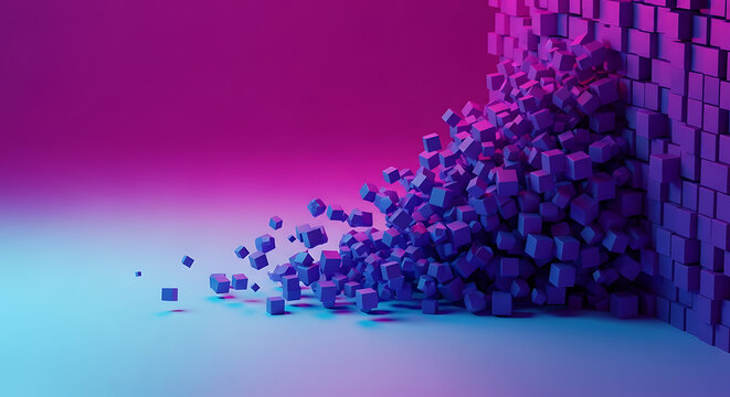 Abstract 3D illustration of purple and blue cubes collapsing and tumbling from a wall onto a flat surface representing data fragmentation and destruction with abstract collapse destruction geometry