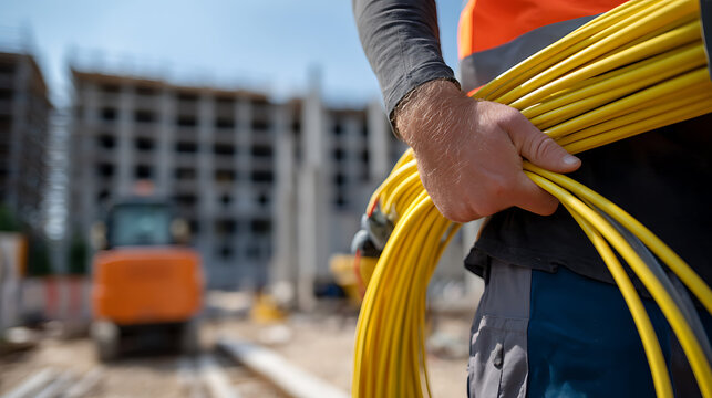 Skilled worker holds bright yellow fiber optic cables, ready for installation at a bustling construction site with new buildings and machinery