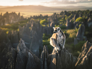 Fototapeta premium Curious ring tailed lemur perched on sharp jagged rock formation in tsingy landscape.