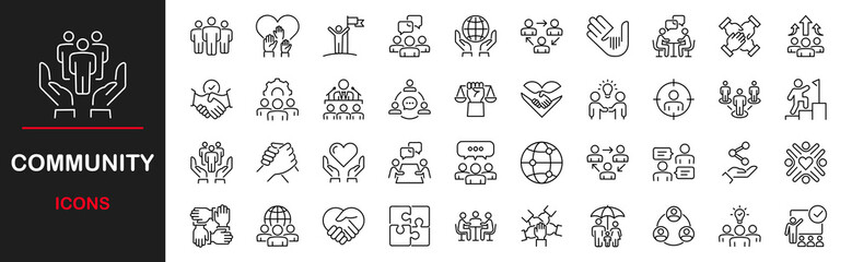 Fototapeta premium Community icon set. Containing people, friendship, social relationships, support, community development, collection of people, team, partnership, success and more. Vector illustration